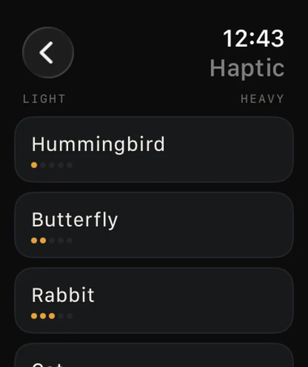 Nine named haptic profiles in the Apple Watch app